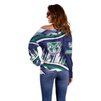 New Zealand Warriors Rugby Mascot Off Shoulder Sweater Fierce Athlete Graphic in Sports Style