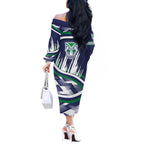 New Zealand Warriors Rugby Mascot Off The Shoulder Long Sleeve Dress Fierce Athlete Graphic in Sports Style
