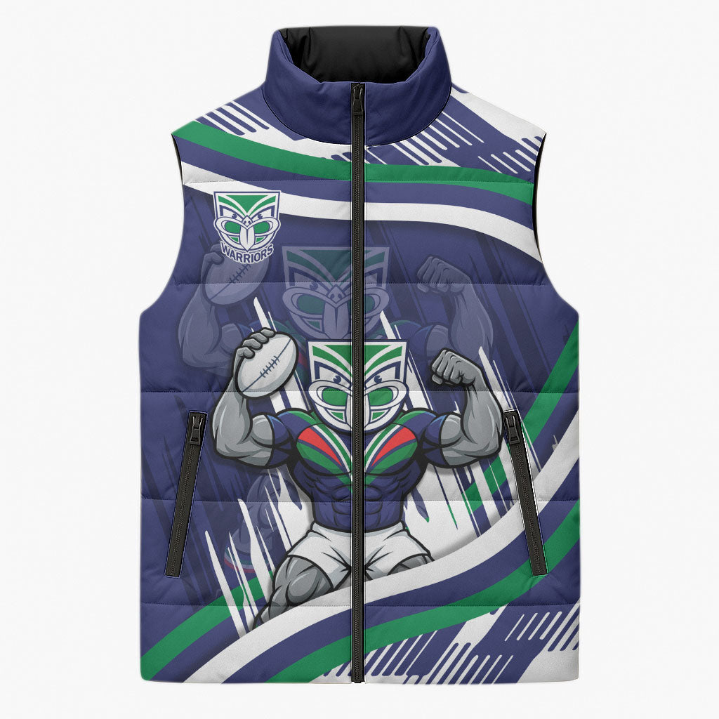 New Zealand Warriors Rugby Mascot Sleeveless Puffer Jacket Fierce Athlete Graphic in Sports Style