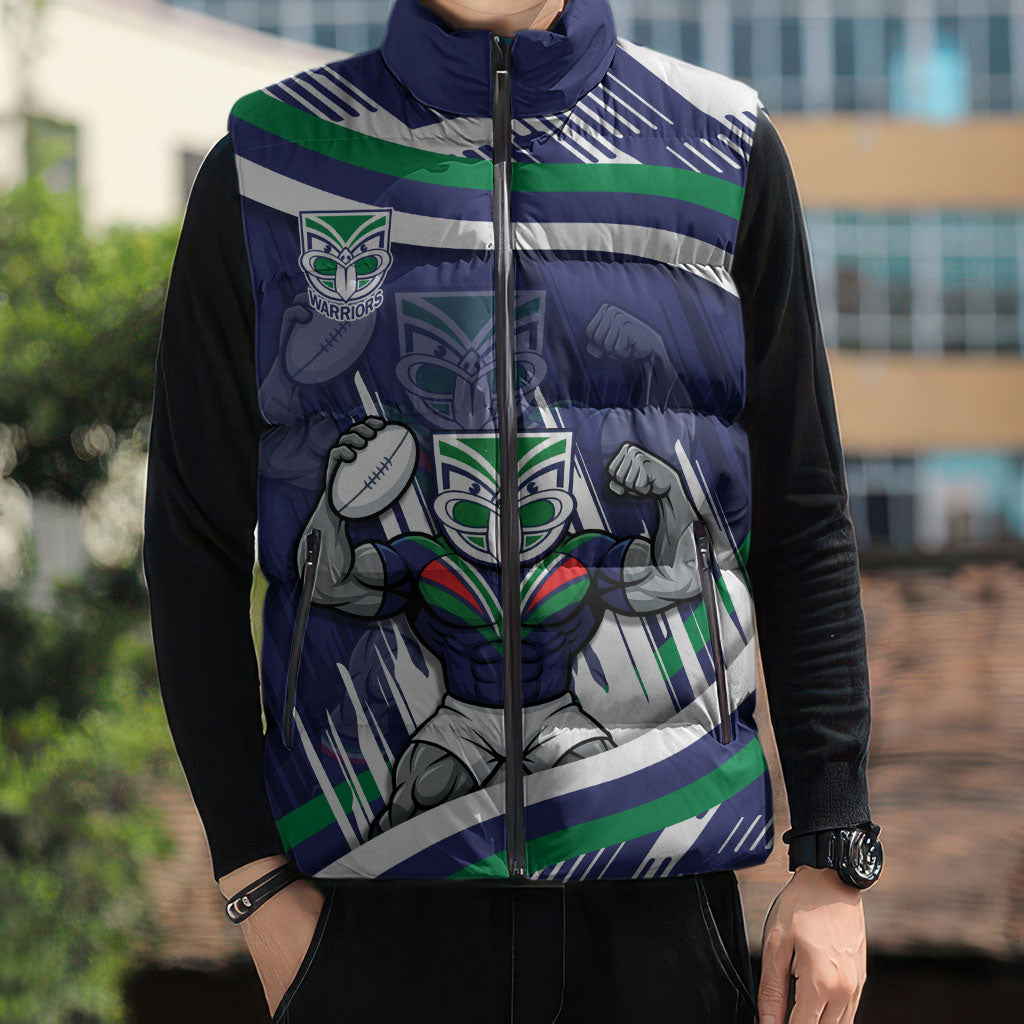 New Zealand Warriors Rugby Mascot Sleeveless Puffer Jacket Fierce Athlete Graphic in Sports Style