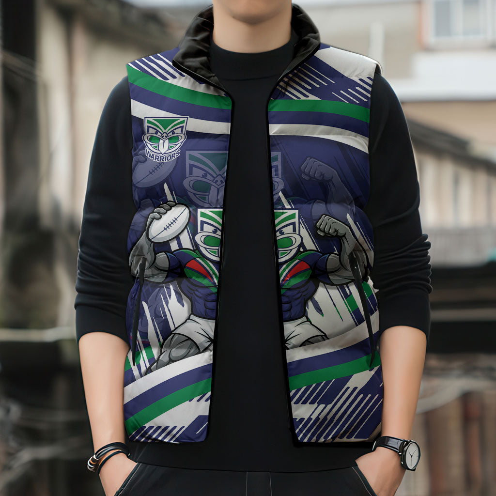 New Zealand Warriors Rugby Mascot Sleeveless Puffer Jacket Fierce Athlete Graphic in Sports Style