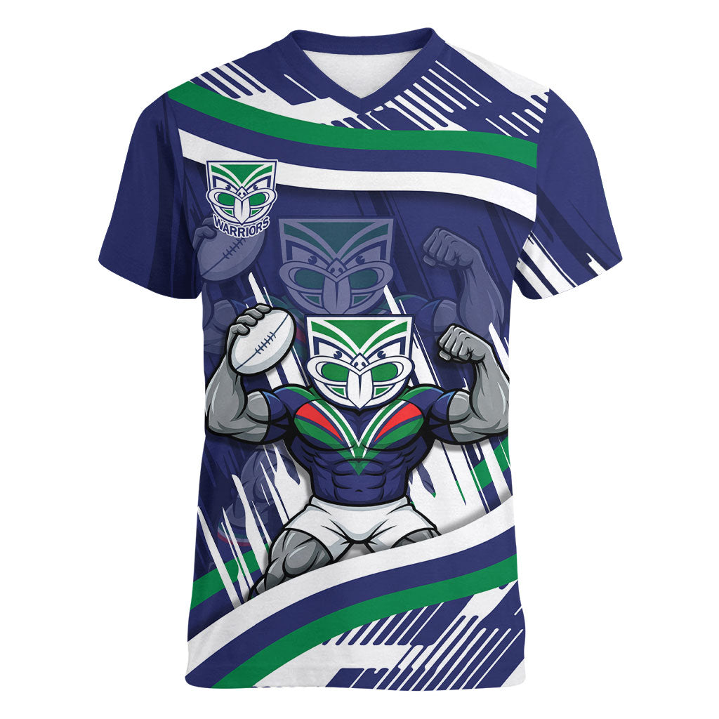 New Zealand Warriors Rugby Mascot Women V-Neck T-Shirt Fierce Athlete Graphic in Sports Style