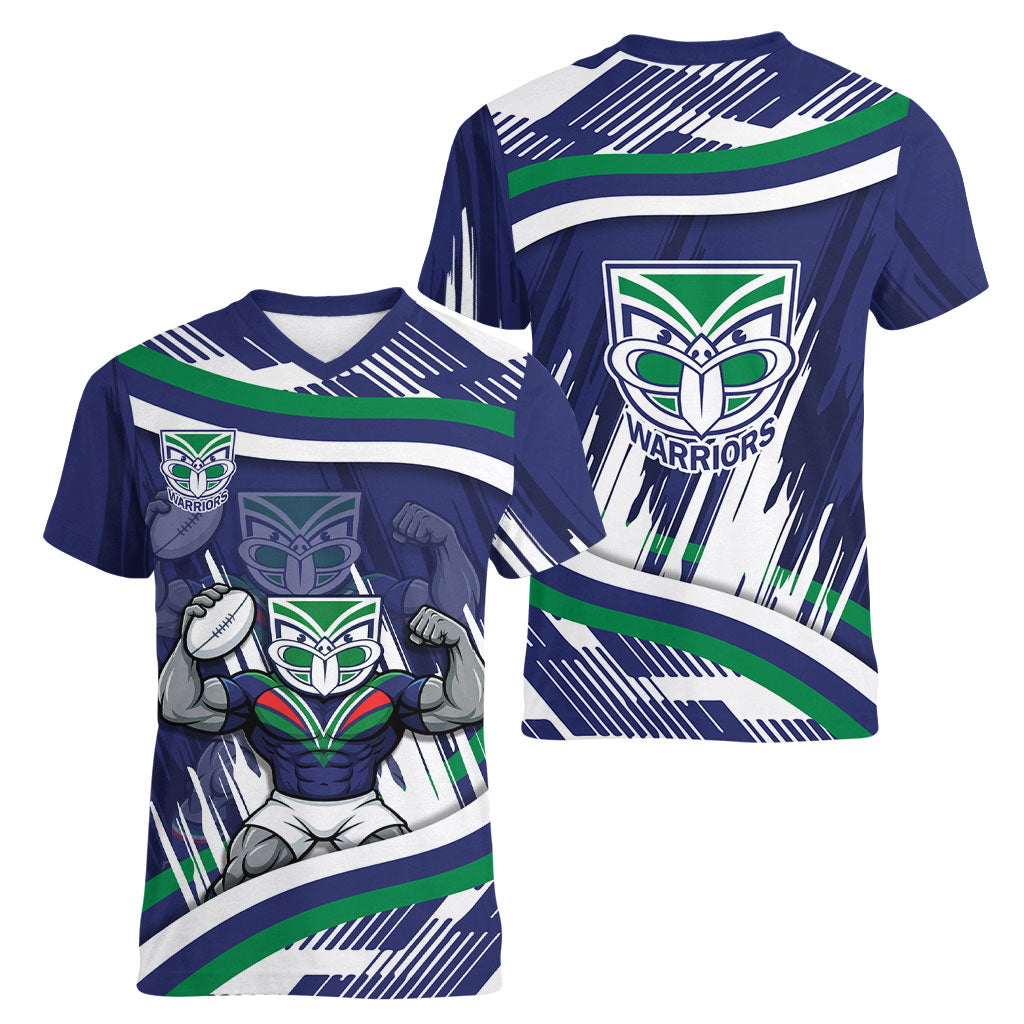 New Zealand Warriors Rugby Mascot Women V-Neck T-Shirt Fierce Athlete Graphic in Sports Style