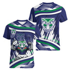 New Zealand Warriors Rugby Mascot Women V-Neck T-Shirt Fierce Athlete Graphic in Sports Style