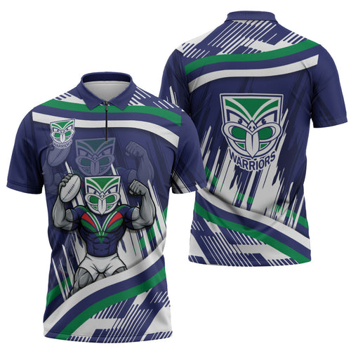 New Zealand Warriors Rugby Mascot Zipper Polo Shirt Fierce Athlete Graphic in Sports Style