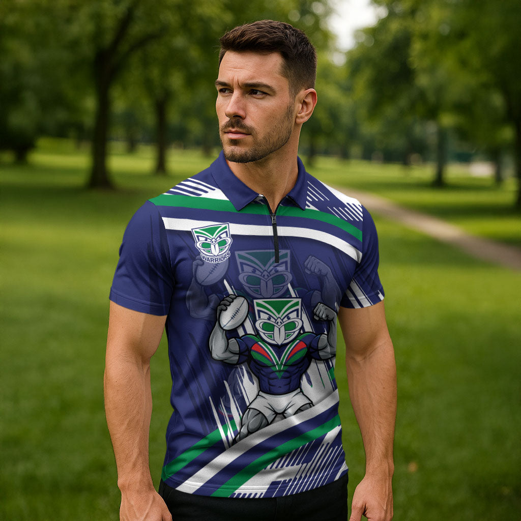 New Zealand Warriors Rugby Mascot Zipper Polo Shirt Fierce Athlete Graphic in Sports Style