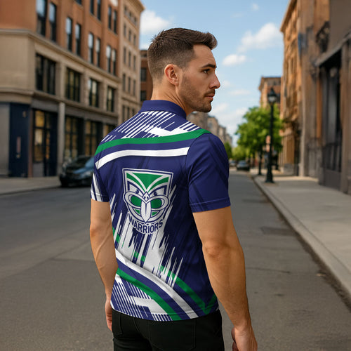 New Zealand Warriors Rugby Mascot Zipper Polo Shirt Fierce Athlete Graphic in Sports Style