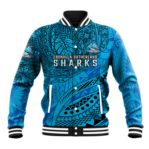 Personalised Cronulla-Sutherland Sharks Baseball Jacket Polynesian Tribal Art Style With Hammerhead Mascot