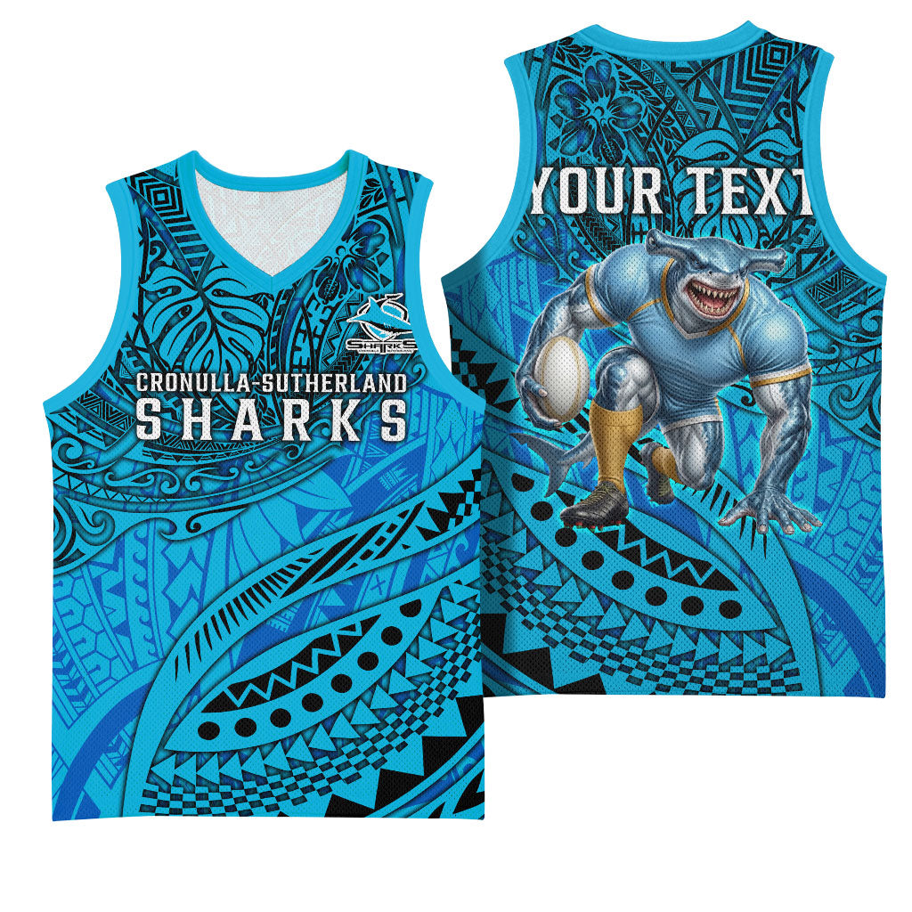 Personalised Cronulla-Sutherland Sharks Basketball Jersey Polynesian Tribal Art Style With Hammerhead Mascot
