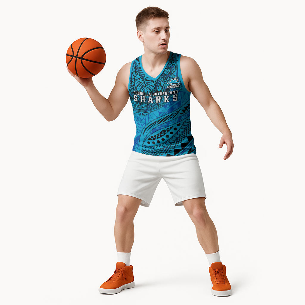 Personalised Cronulla-Sutherland Sharks Basketball Jersey Polynesian Tribal Art Style With Hammerhead Mascot