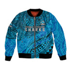 Personalised Cronulla-Sutherland Sharks Bomber Jacket Polynesian Tribal Art Style With Hammerhead Mascot