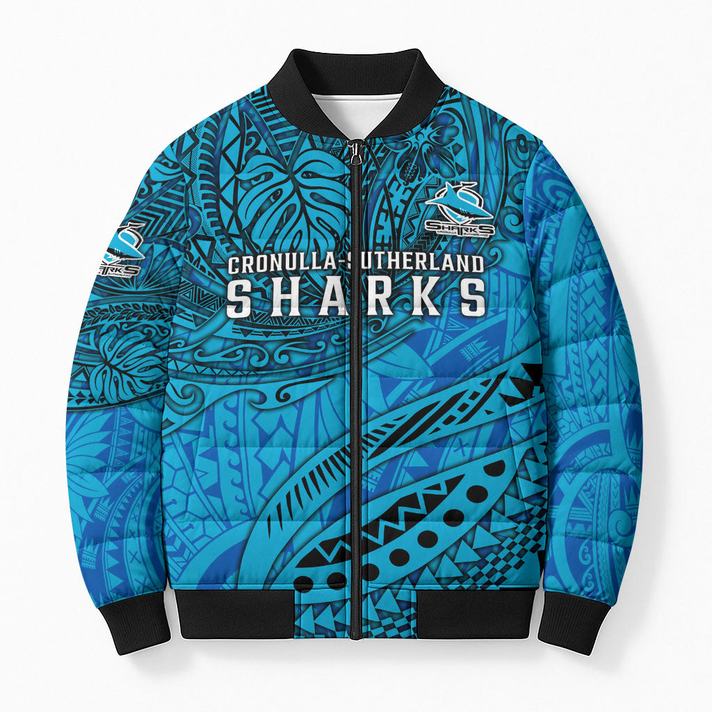 Personalised Cronulla-Sutherland Sharks Bomber Puffer Jacket Polynesian Tribal Art Style With Hammerhead Mascot