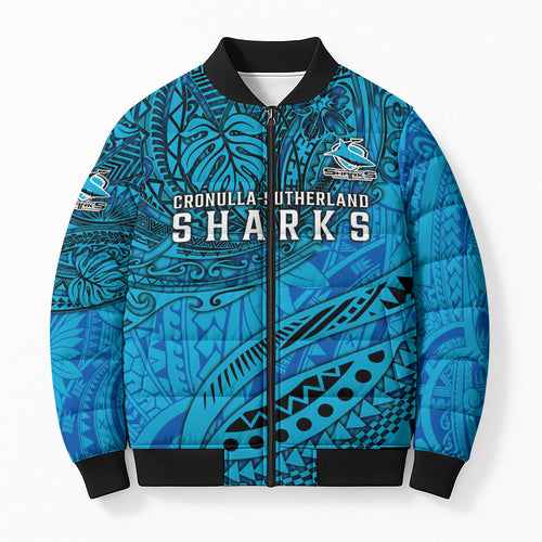Personalised Cronulla-Sutherland Sharks Bomber Puffer Jacket Polynesian Tribal Art Style With Hammerhead Mascot