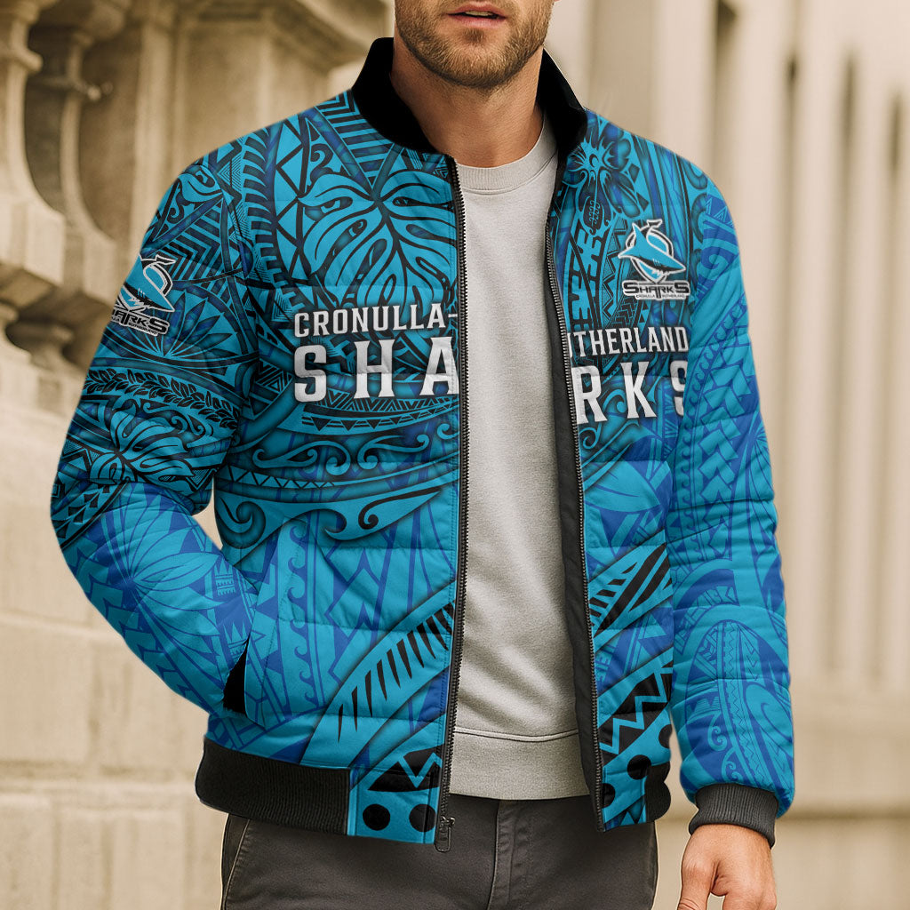 Personalised Cronulla-Sutherland Sharks Bomber Puffer Jacket Polynesian Tribal Art Style With Hammerhead Mascot