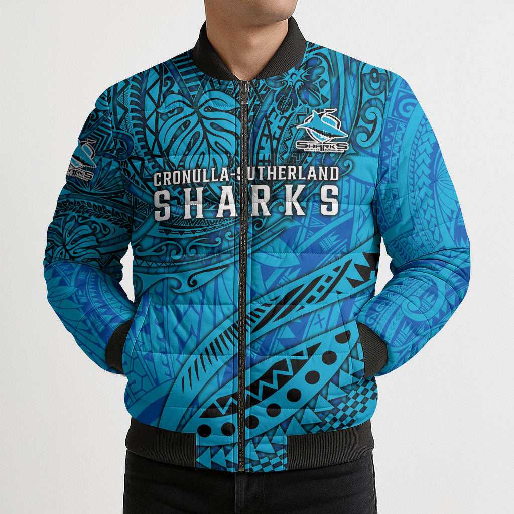 Personalised Cronulla-Sutherland Sharks Bomber Puffer Jacket Polynesian Tribal Art Style With Hammerhead Mascot