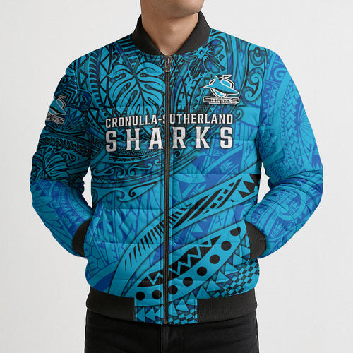 Personalised Cronulla-Sutherland Sharks Bomber Puffer Jacket Polynesian Tribal Art Style With Hammerhead Mascot