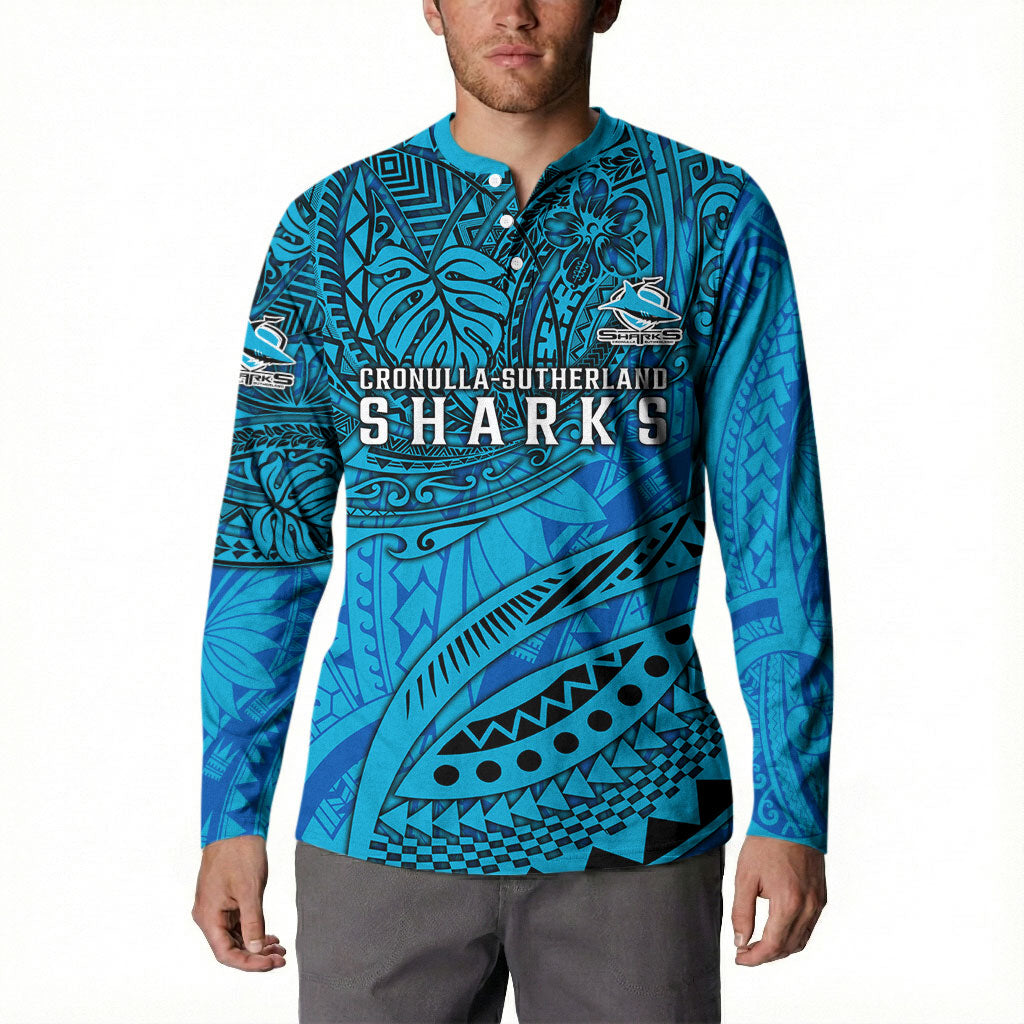 Personalised Cronulla-Sutherland Sharks Button Sweatshirt Polynesian Tribal Art Style With Hammerhead Mascot