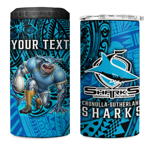 Personalised Cronulla-Sutherland Sharks 4 in 1 Can Cooler Tumbler Polynesian Tribal Art Style With Hammerhead Mascot