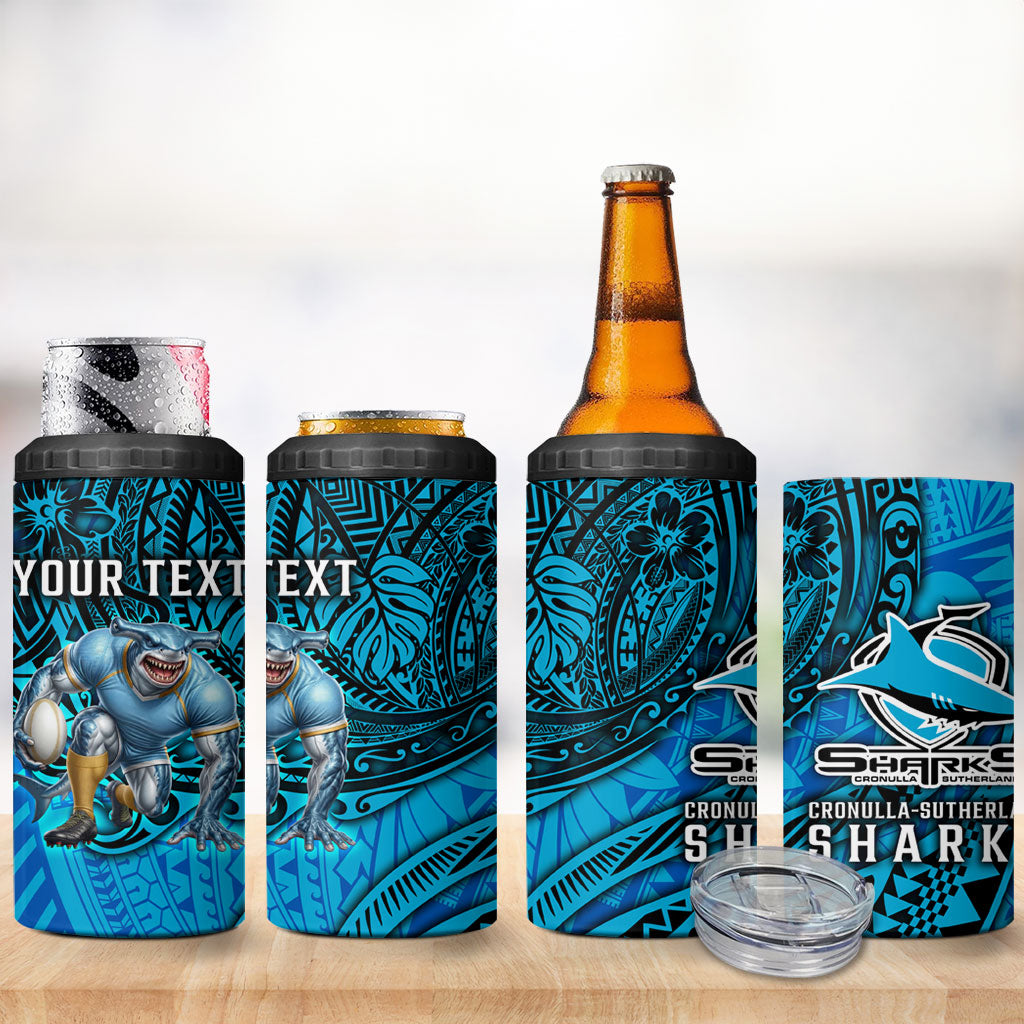 Personalised Cronulla-Sutherland Sharks 4 in 1 Can Cooler Tumbler Polynesian Tribal Art Style With Hammerhead Mascot