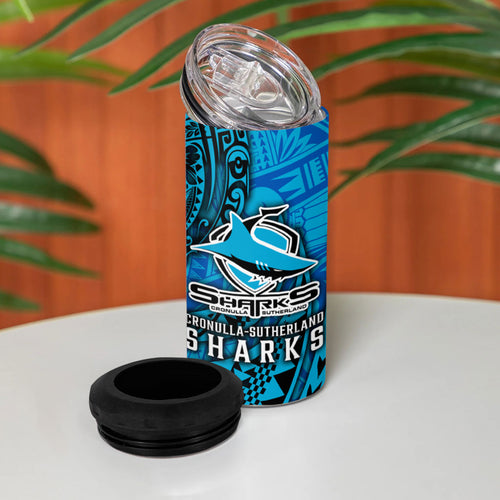 Personalised Cronulla-Sutherland Sharks 4 in 1 Can Cooler Tumbler Polynesian Tribal Art Style With Hammerhead Mascot