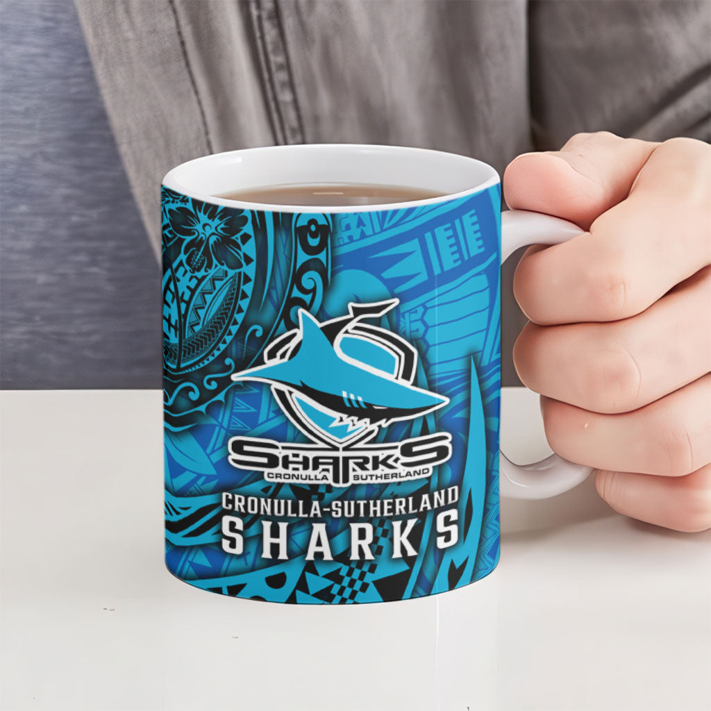 Personalised Cronulla-Sutherland Sharks Ceramic Mug Polynesian Tribal Art Style With Hammerhead Mascot