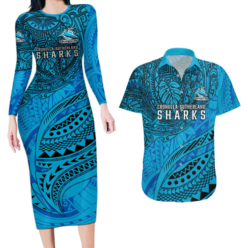 Personalised Cronulla-Sutherland Sharks Couples Matching Long Sleeve Bodycon Dress and Hawaiian Shirt Polynesian Tribal Art Style With Hammerhead Mascot