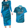 Personalised Cronulla-Sutherland Sharks Couples Matching Long Sleeve Bodycon Dress and Hawaiian Shirt Polynesian Tribal Art Style With Hammerhead Mascot