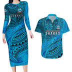 Personalised Cronulla-Sutherland Sharks Couples Matching Long Sleeve Bodycon Dress and Hawaiian Shirt Polynesian Tribal Art Style With Hammerhead Mascot