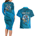 Personalised Cronulla-Sutherland Sharks Couples Matching Long Sleeve Bodycon Dress and Hawaiian Shirt Polynesian Tribal Art Style With Hammerhead Mascot