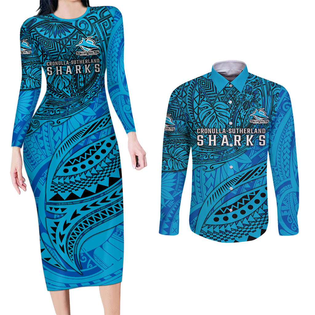 Personalised Cronulla-Sutherland Sharks Couples Matching Long Sleeve Bodycon Dress and Long Sleeve Button Shirt Polynesian Tribal Art Style With Hammerhead Mascot