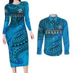 Personalised Cronulla-Sutherland Sharks Couples Matching Long Sleeve Bodycon Dress and Long Sleeve Button Shirt Polynesian Tribal Art Style With Hammerhead Mascot