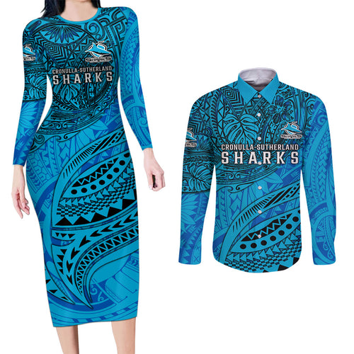 Personalised Cronulla-Sutherland Sharks Couples Matching Long Sleeve Bodycon Dress and Long Sleeve Button Shirt Polynesian Tribal Art Style With Hammerhead Mascot