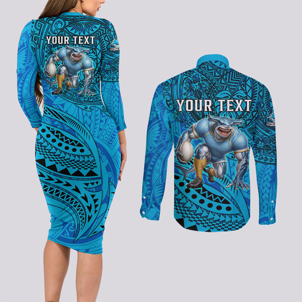 Personalised Cronulla-Sutherland Sharks Couples Matching Long Sleeve Bodycon Dress and Long Sleeve Button Shirt Polynesian Tribal Art Style With Hammerhead Mascot