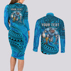 Personalised Cronulla-Sutherland Sharks Couples Matching Long Sleeve Bodycon Dress and Long Sleeve Button Shirt Polynesian Tribal Art Style With Hammerhead Mascot
