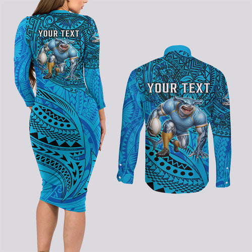 Personalised Cronulla-Sutherland Sharks Couples Matching Long Sleeve Bodycon Dress and Long Sleeve Button Shirt Polynesian Tribal Art Style With Hammerhead Mascot