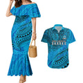 Personalised Cronulla-Sutherland Sharks Couples Matching Mermaid Dress and Hawaiian Shirt Polynesian Tribal Art Style With Hammerhead Mascot