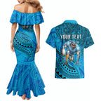 Personalised Cronulla-Sutherland Sharks Couples Matching Mermaid Dress and Hawaiian Shirt Polynesian Tribal Art Style With Hammerhead Mascot
