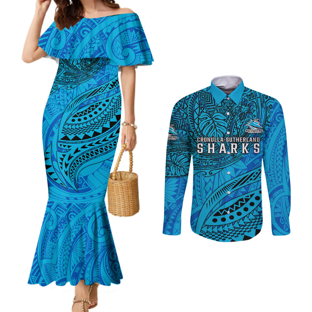 Personalised Cronulla-Sutherland Sharks Couples Matching Mermaid Dress and Long Sleeve Button Shirt Polynesian Tribal Art Style With Hammerhead Mascot