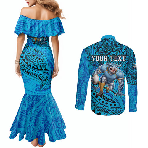 Personalised Cronulla-Sutherland Sharks Couples Matching Mermaid Dress and Long Sleeve Button Shirt Polynesian Tribal Art Style With Hammerhead Mascot
