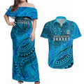 Personalised Cronulla-Sutherland Sharks Couples Matching Off Shoulder Maxi Dress and Hawaiian Shirt Polynesian Tribal Art Style With Hammerhead Mascot