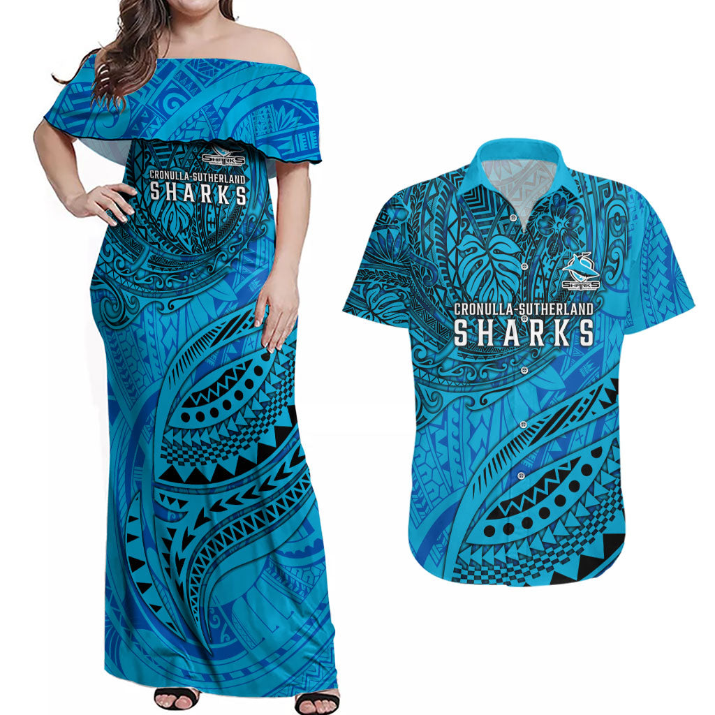 Personalised Cronulla-Sutherland Sharks Couples Matching Off Shoulder Maxi Dress and Hawaiian Shirt Polynesian Tribal Art Style With Hammerhead Mascot