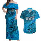 Personalised Cronulla-Sutherland Sharks Couples Matching Off Shoulder Maxi Dress and Hawaiian Shirt Polynesian Tribal Art Style With Hammerhead Mascot