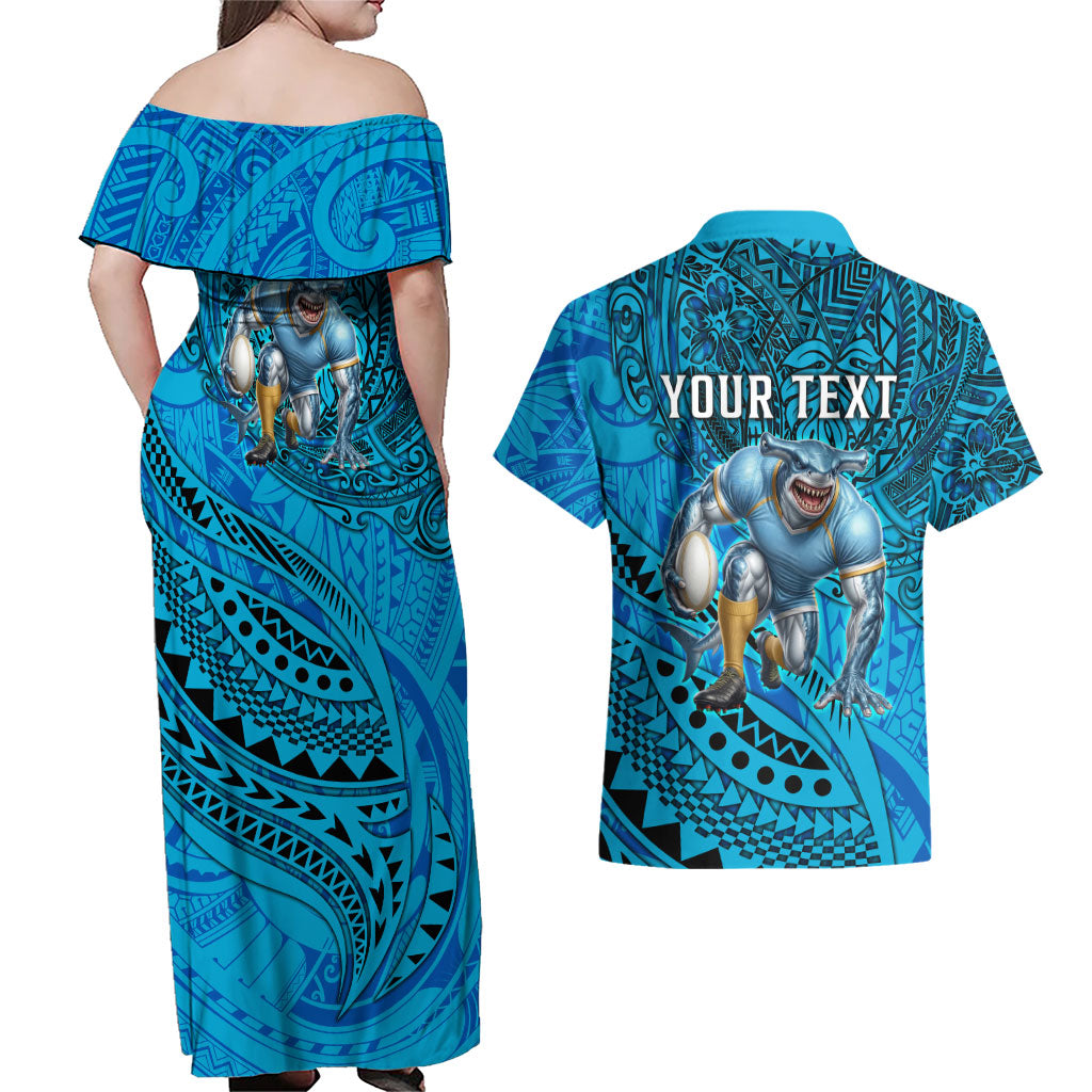 Personalised Cronulla-Sutherland Sharks Couples Matching Off Shoulder Maxi Dress and Hawaiian Shirt Polynesian Tribal Art Style With Hammerhead Mascot