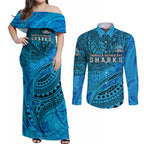 Personalised Cronulla-Sutherland Sharks Couples Matching Off Shoulder Maxi Dress and Long Sleeve Button Shirt Polynesian Tribal Art Style With Hammerhead Mascot