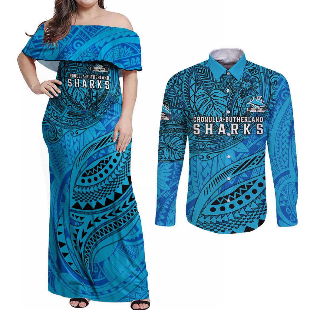 Personalised Cronulla-Sutherland Sharks Couples Matching Off Shoulder Maxi Dress and Long Sleeve Button Shirt Polynesian Tribal Art Style With Hammerhead Mascot