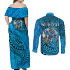 Personalised Cronulla-Sutherland Sharks Couples Matching Off Shoulder Maxi Dress and Long Sleeve Button Shirt Polynesian Tribal Art Style With Hammerhead Mascot