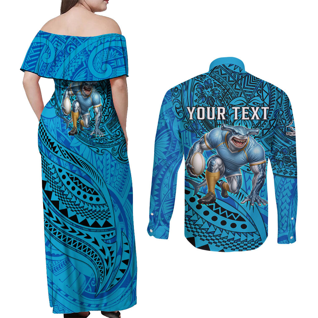 Personalised Cronulla-Sutherland Sharks Couples Matching Off Shoulder Maxi Dress and Long Sleeve Button Shirt Polynesian Tribal Art Style With Hammerhead Mascot
