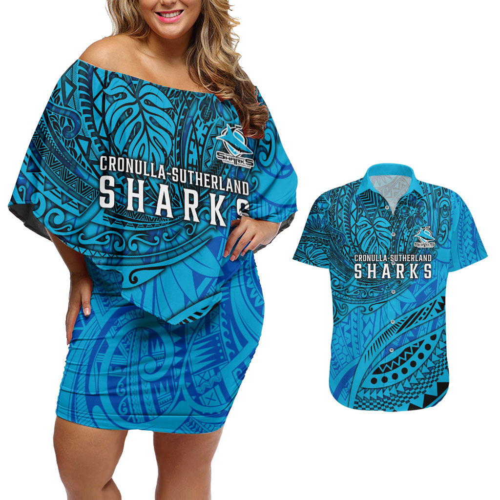 Personalised Cronulla-Sutherland Sharks Couples Matching Off Shoulder Short Dress and Hawaiian Shirt Polynesian Tribal Art Style With Hammerhead Mascot