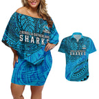Personalised Cronulla-Sutherland Sharks Couples Matching Off Shoulder Short Dress and Hawaiian Shirt Polynesian Tribal Art Style With Hammerhead Mascot