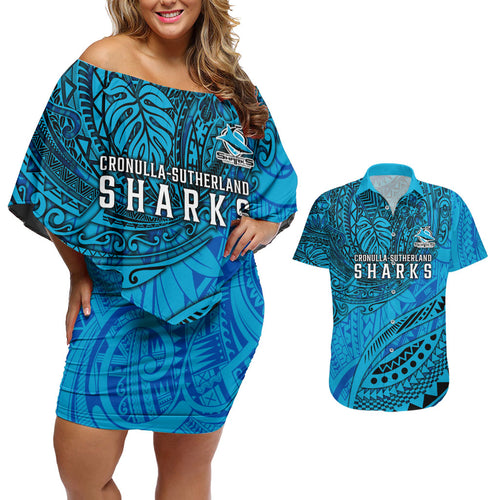Personalised Cronulla-Sutherland Sharks Couples Matching Off Shoulder Short Dress and Hawaiian Shirt Polynesian Tribal Art Style With Hammerhead Mascot